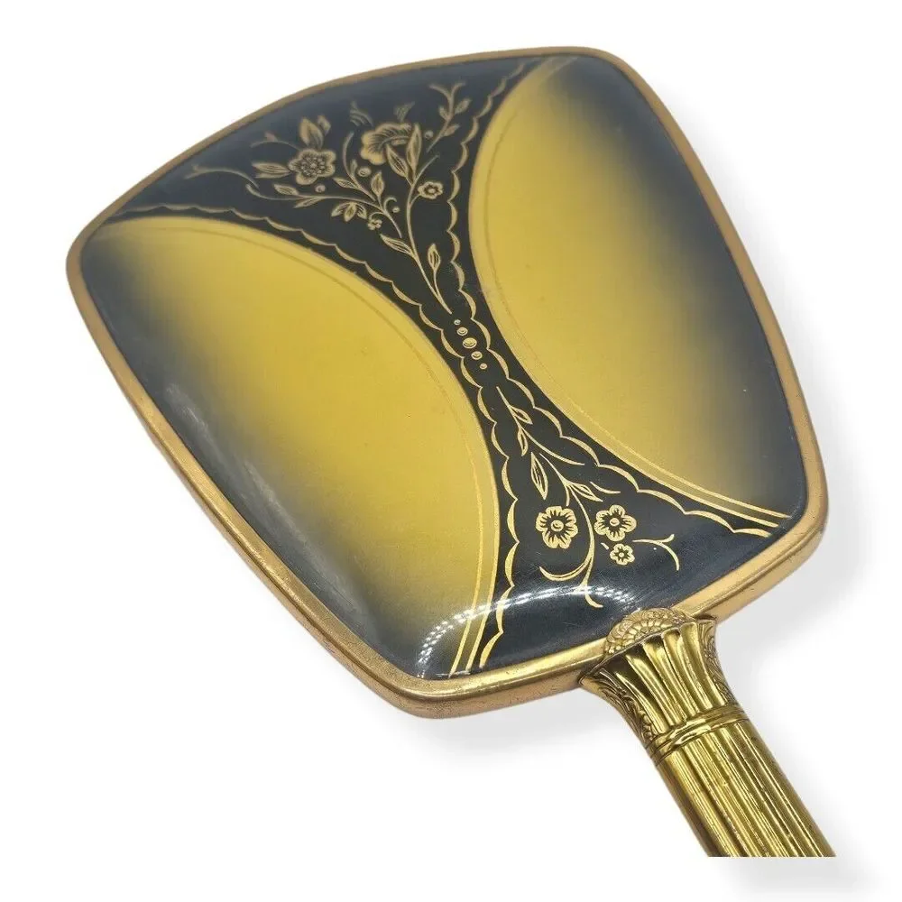 Vtg Vanity Set‎ Hand Mirror And Brush Floral Gold